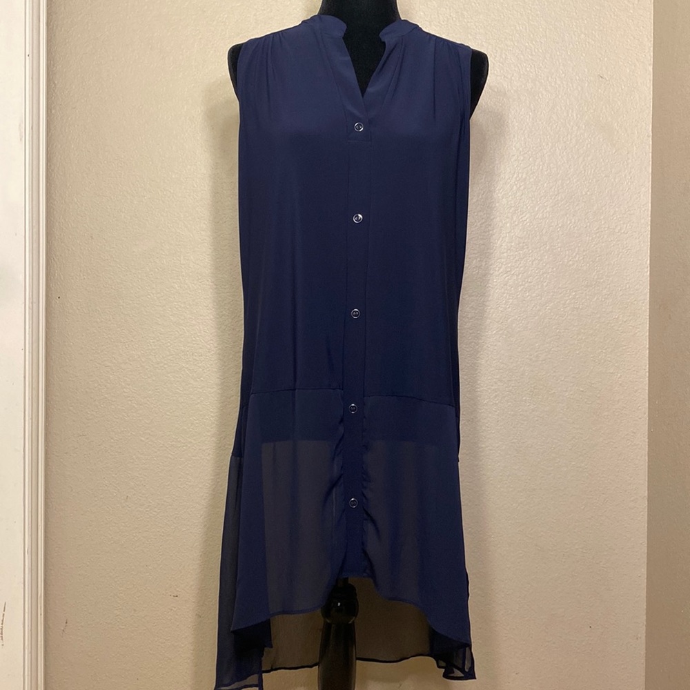 Women’s Long Sleeveless Blouse, Navy Blue, V- Neck, Sheer Lower, Size L